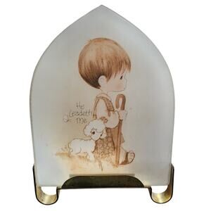 Vintage 1979 Precious Moments "He Leadeth Me" frosted glass candle holder